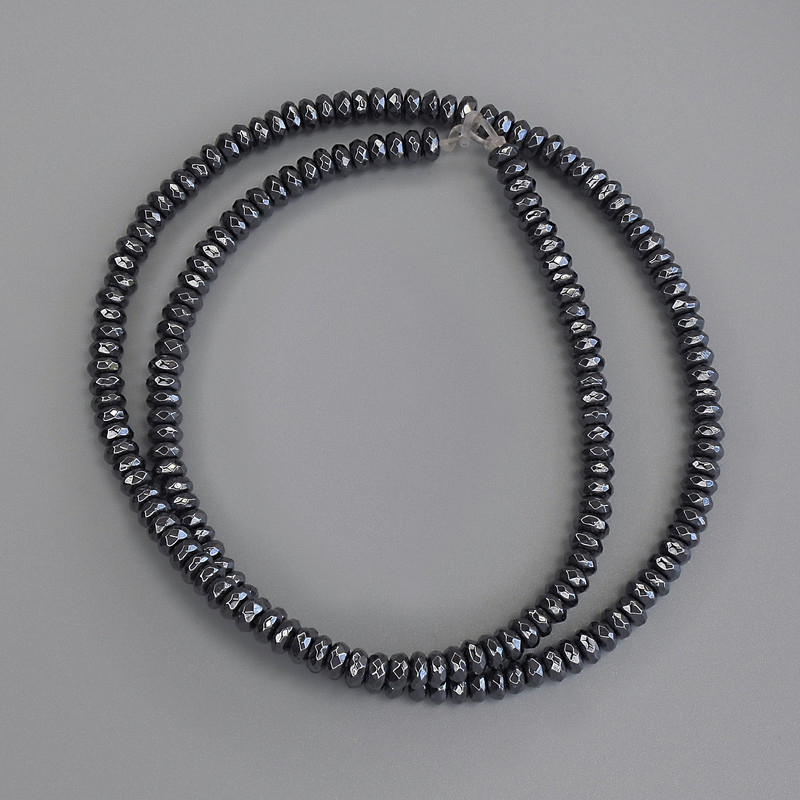 Faceted hematite rondelle beads 4x2mm on beading thread, 39 cm length