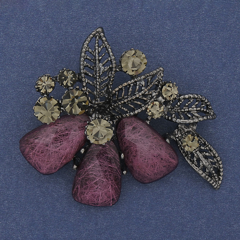 Accent Brooch-Pendant with Pink Aquarium Effect, Gray Crystals, Silver Metal, 43×48mm+