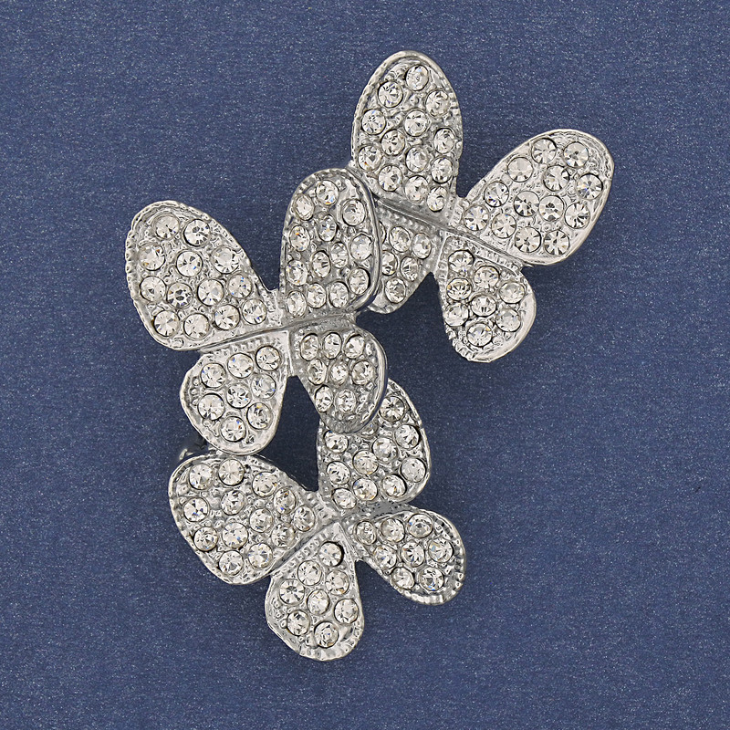 Brooch-pendant Butterflies with White Crystals on Silver Metal 44x33 mm