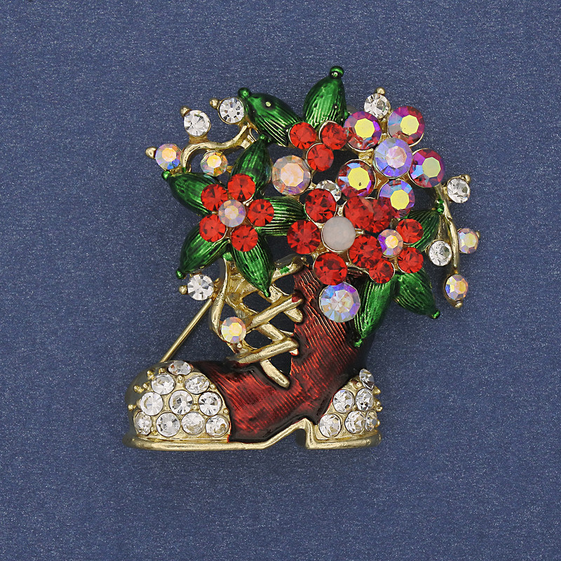 Brooch New Year Boot enamel crystals gold-tone metal 37x32 mm +