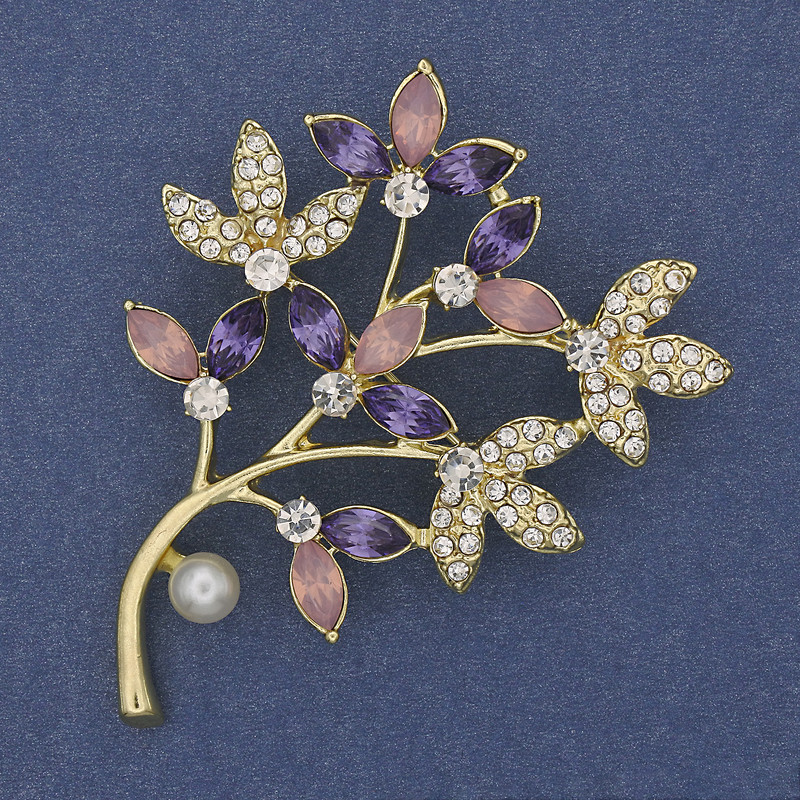 Twig Brooch with multicolored rhinestones, pearl, gold-tone metal 60x42mm +