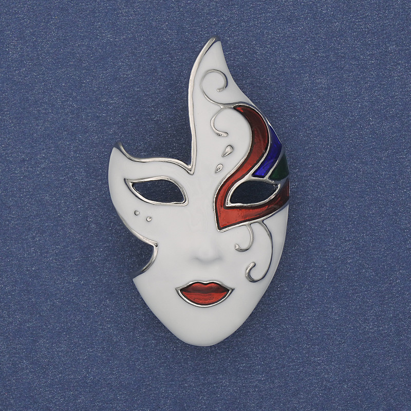 Mask Brooch white, black, and red enamel on silver-colored metal 40x23 mm+