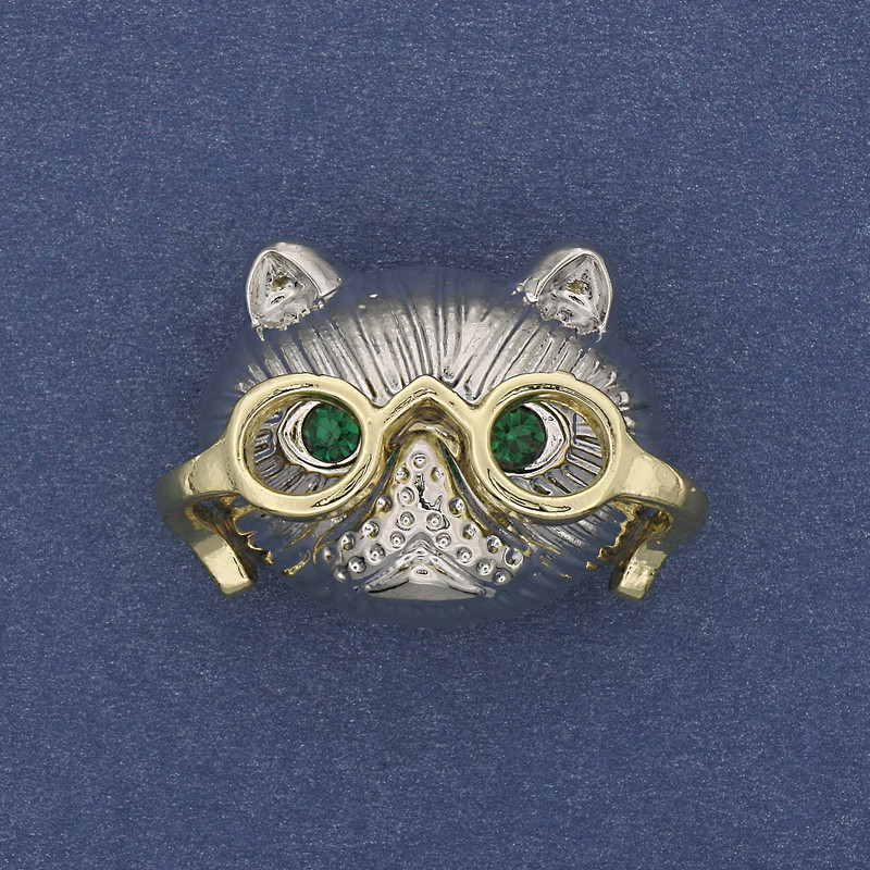 Brooch pendant Cat in Glasses with Green Rhinestones Silver-Toned Metal 29x21mm+