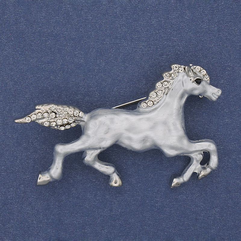 Horse Brooch with White Enamel and Crystals, Silver-Tone Metal, 50x32mm