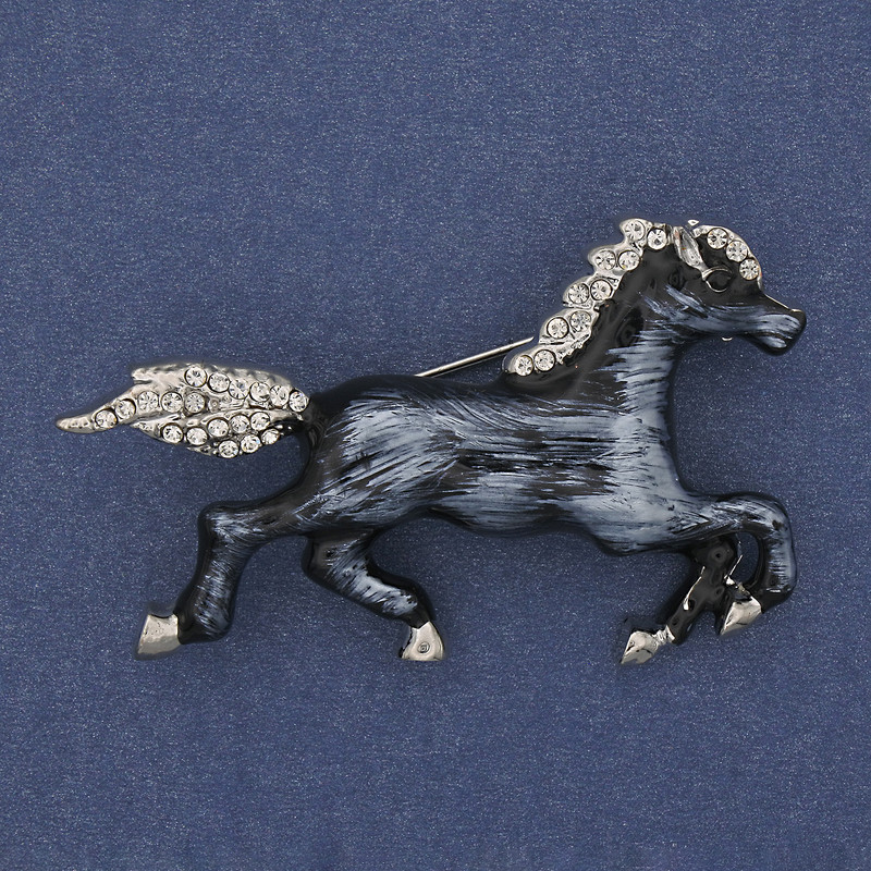 Horse Brooch with Colorful Enamel, White Crystals, Silver-Tone Metal 50x32mm+