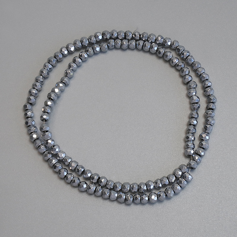 Hematite Beads, Silver-Colored, Faceted Rondelle 4×3 mm on Beading Thread, Length 38 cm