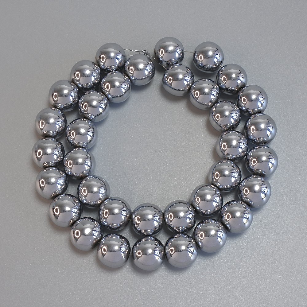 Hematite Beads, Silver Color, Smooth Sphere 12mm ± on Thread, Length 40cm+