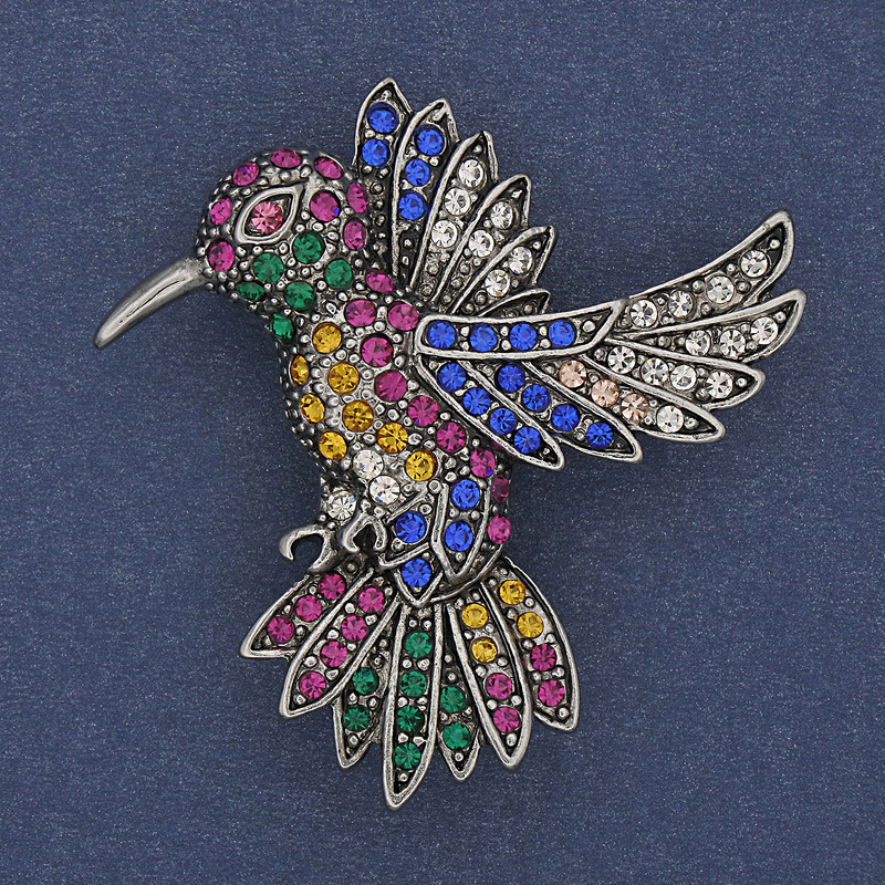 Brooch Hummingbird with Multicolored Rhinestones, Silver-Toned Metal 45x42mm+