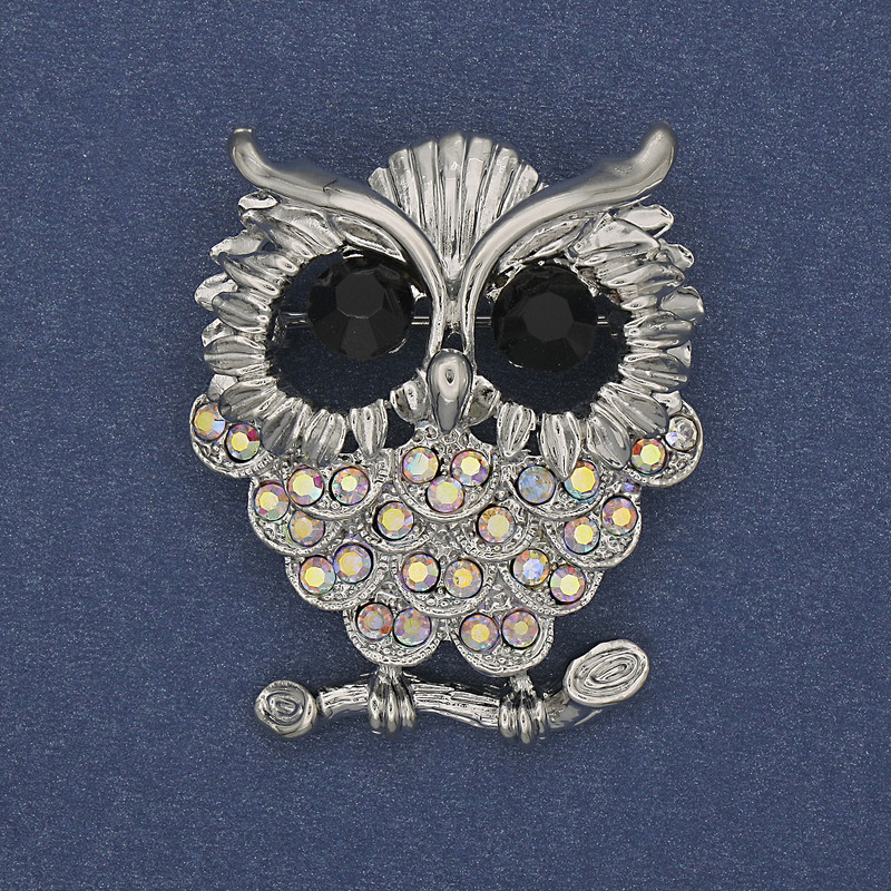 Brooch Owl rainbow and black crystals silver-toned metal 31x38mm+