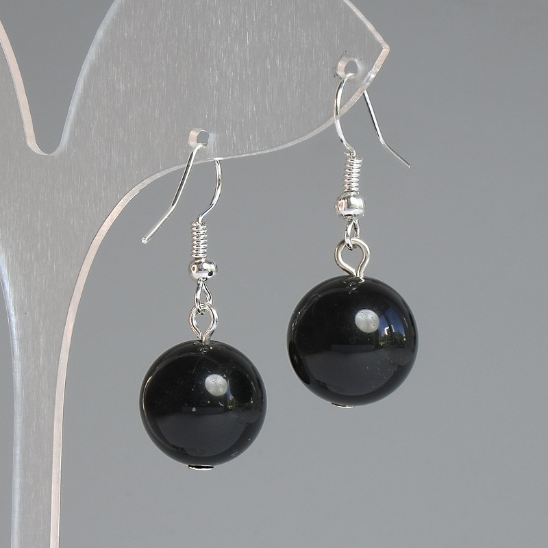 Earrings Sun Obsidian Smooth Ball, 14 mm diameter ±, 32 mm length ±, Silver-Toned Metal