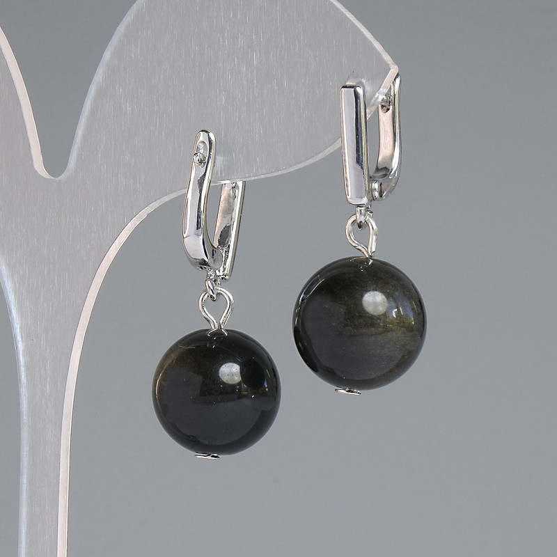 Earrings Sun Obsidian Smooth Ball, diameter 14 mm +-, length 32 mm +-, silver-toned metal