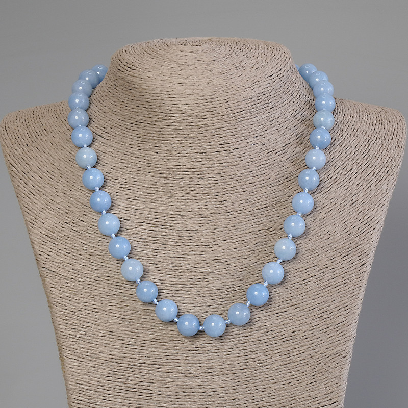 Aquamarine Necklace with Smooth Beads, 10mm Diameter, 50cm Length +/- with Clasp
