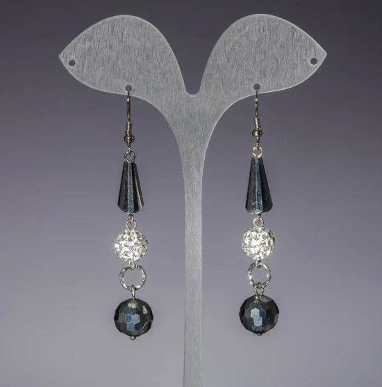 Earrings 'Evening' white 'soffits', stainless steel Czech crystal, length 7 cm