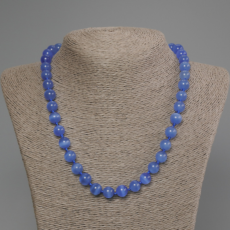Blue Cat's Eye Necklace, smooth beads, 9mm diameter, 50cm length, with clasp