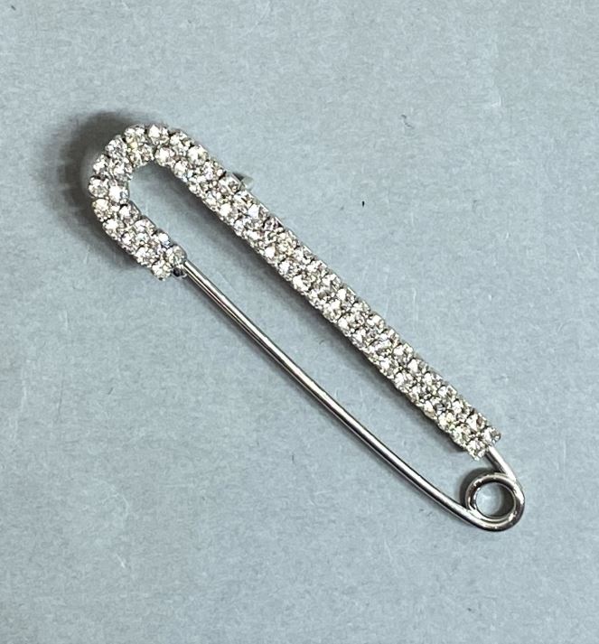 Brooch pin with white crystals, 72×18 mm, silver-tone