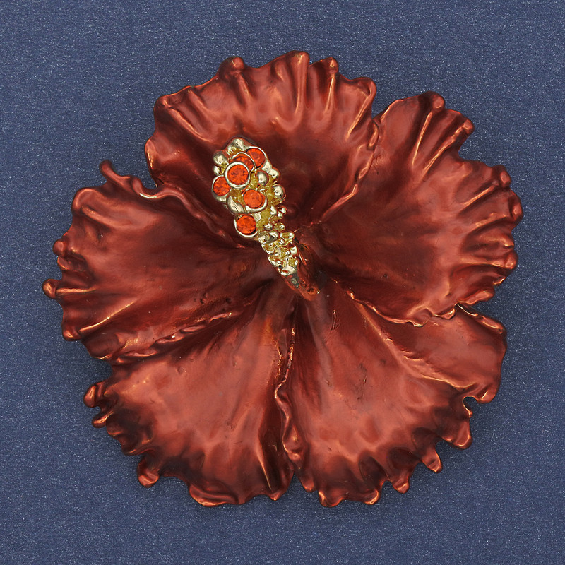 Brooch pendant Petunia Flower red matte enamel red crystals golden metal 51x51mm+