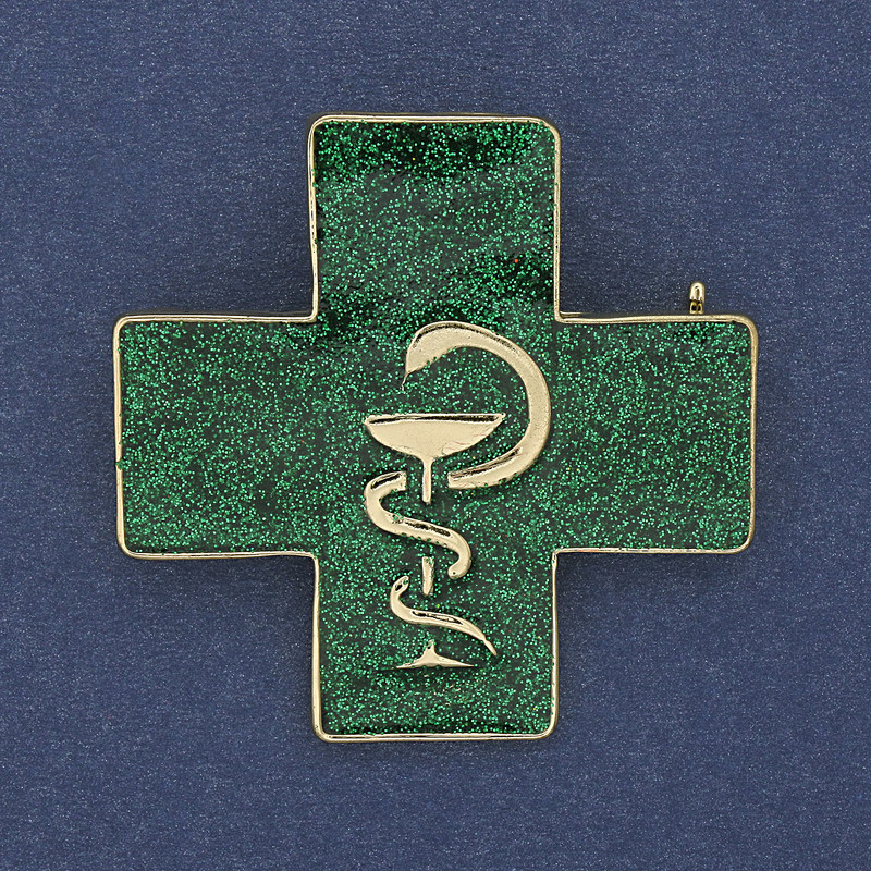 Brooch-pendant Cross with Snake over the Cup, green enamel, golden metal, 38x38mm+