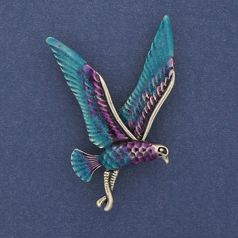 Bird Brooch with blue, violet, and silver enamel on golden metal 38x56 mm +