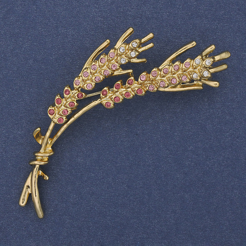 Brooch 'Wheat Ears' with pink and white crystals on golden metal 18x65 mm+