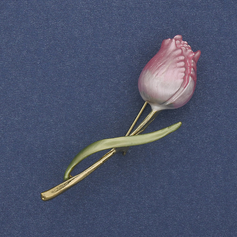 Tulip Brooch Pink and Green Enamel on Golden Metal 16x59mm+