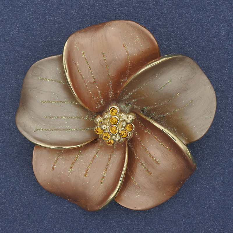 Beige matte enamel flower brooch-pendant with yellow rhinestones, gold-tone metal, 49x49 mm+