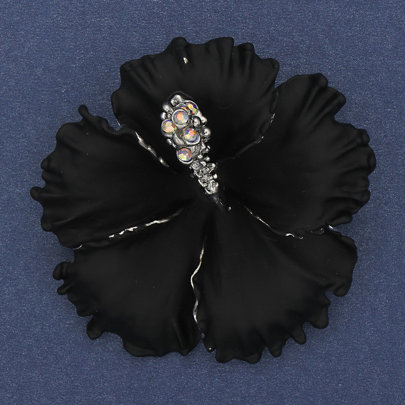 Brooch pendant 'Petunia Flower' black matte enamel rainbow crystals silver-tone metal 51x51mm+