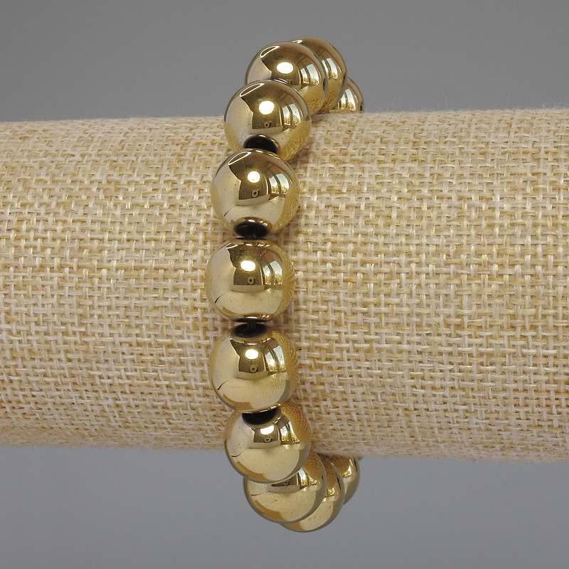 Hematite bracelet, gold color, smooth beads, diameter 12 mm, length 18 cm, stretch