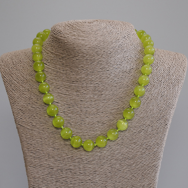 Cat's Eye Bead Necklace, Smooth Beads, 12mm Diameter, 50 cm Length, with Clasp