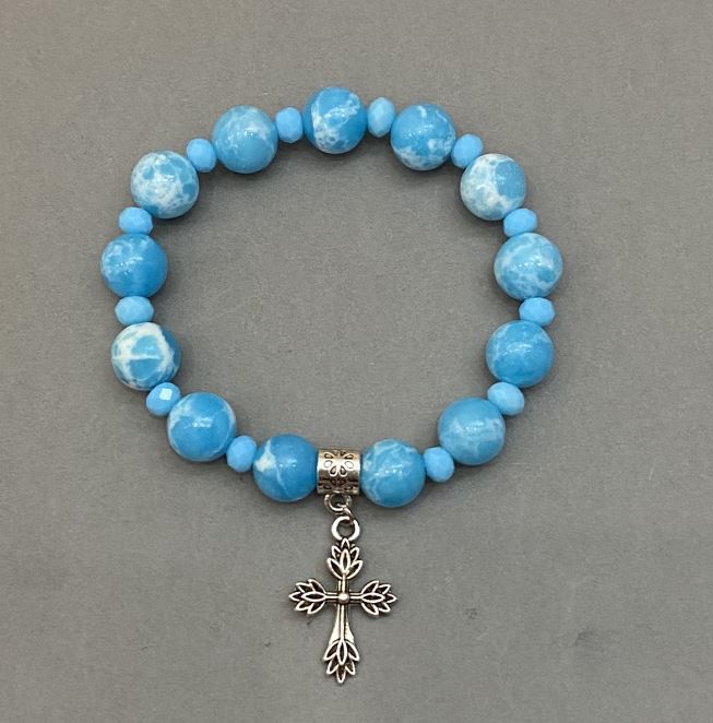 Larimar Bracelet (artificial) beads 10mm + Czech Glass Rondels 6x5mm + with metal inserts, length 18mm + stretch