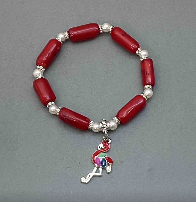 Natural Coral Bracelet, Faceted 20x9 mm, Majorca Pearls 6 mm, with Metal Inserts, Length 18 mm, Stretch