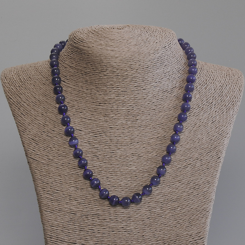 Purple Cat's Eye Necklace with Smooth Beads, 8 mm Diameter, approx. 50 mm Long, with Clasp