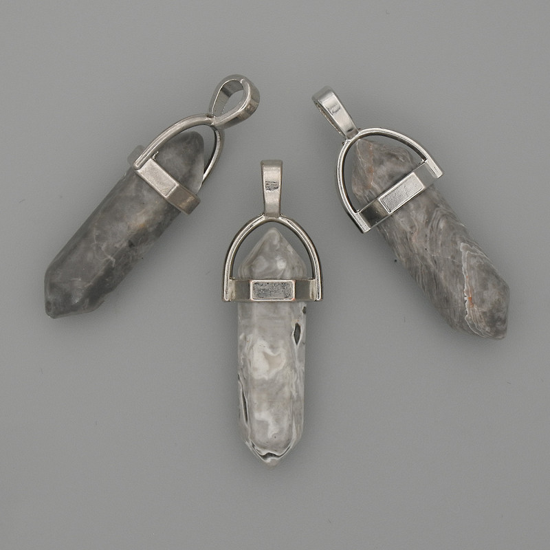Hexagonal pendant with gray Jasper crystal ball 8x31x41mm+