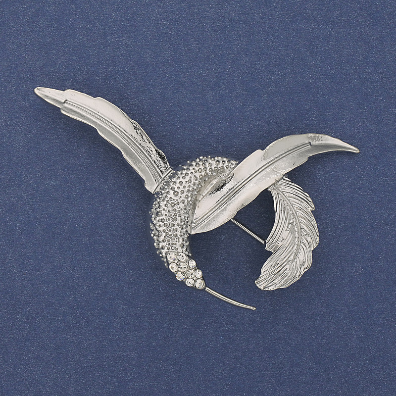 Hummingbird Brooch with White Crystals, Silver-Tone Metal, 56×40 mm+