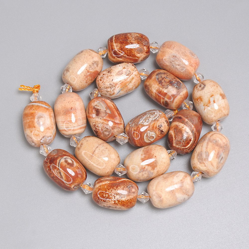Desert Jasper Barrel Beads, 18x13 mm ±, 5 mm seed beads ±, length 37 cm ± on thread
