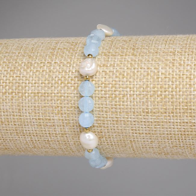 Bracelet Aquamarine Faceted Coin Beads 6mm ± Freshwater Pearls 7–8x7–7.5mm ± Hematite Bead 2mm ±, Length 18cm Stretch