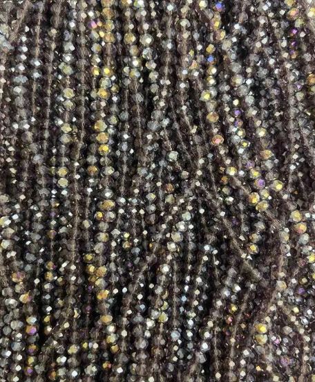 Czech Crystal Beads on Thread, Violet with Gasoline Iridescence, Faceted Rondelles, Diameter 3.5×3 mm, Length 32 cm