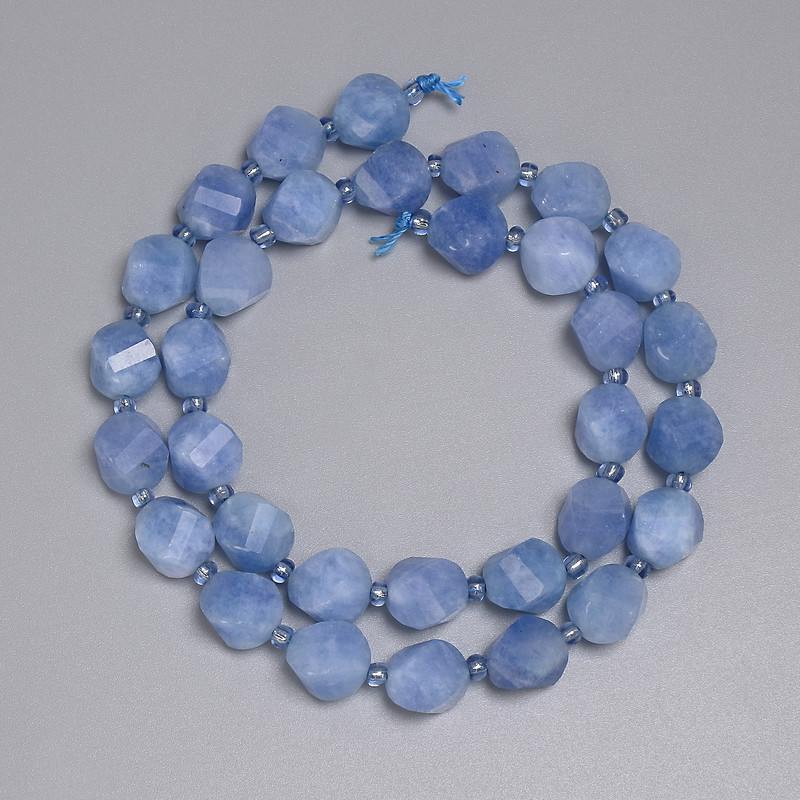 Aquamarine Beads - Faceted Diamond Shape 10x9mm, 3mm Seed Beads, Length About 39 cm, on Thread