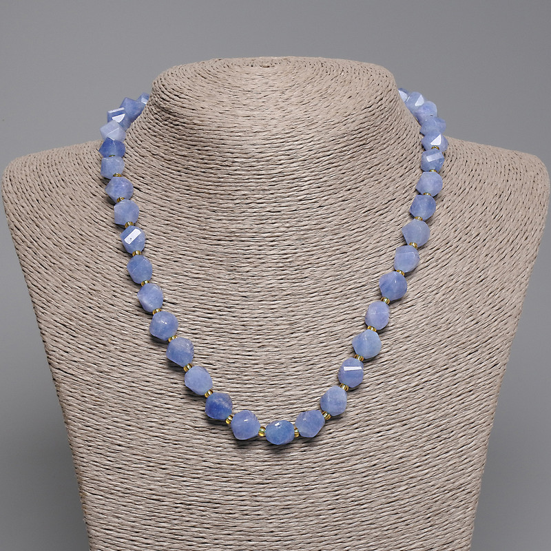 Aquamarine Necklace with Faceted Rhombus Beads, 9x8 mm, 3 mm seed beads, 45 cm length, with clasp