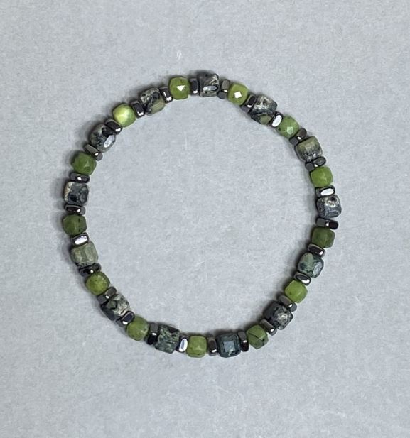 Jadeite Faceted Cube Bracelet 3.5mm + Ocean Jasper 5mm + Hematite Rondelle 4x2mm, 18 cm Stretch Bracelet
