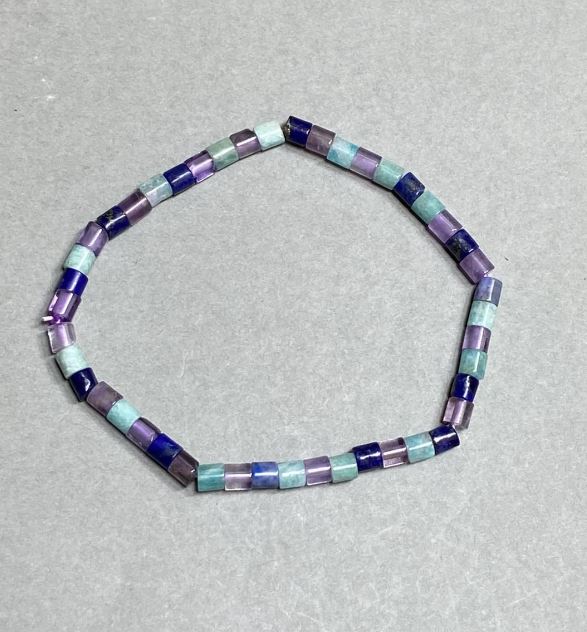 Assortment Bracelet (Aquamarine, Lazurite, Amethyst) 4x4 mm Cylindrical Beads, 18 cm stretchy length