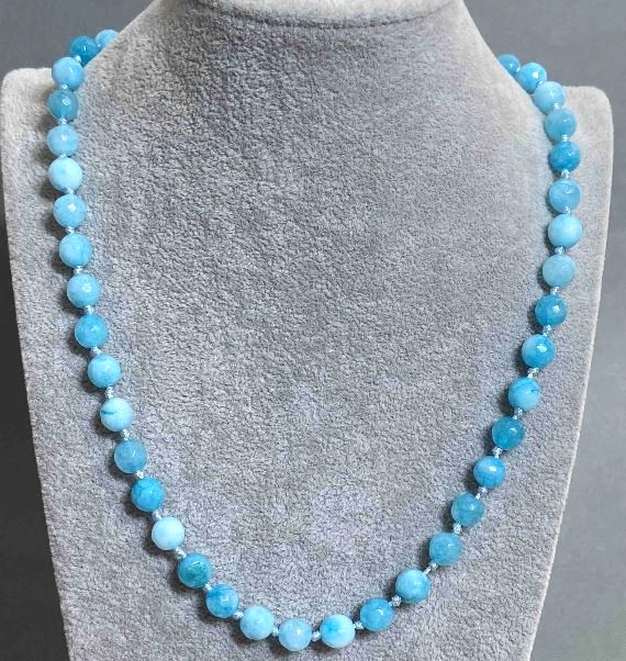 Aquamarine faceted-bead necklace, 7.5 mm diameter, 50 cm length with clasp