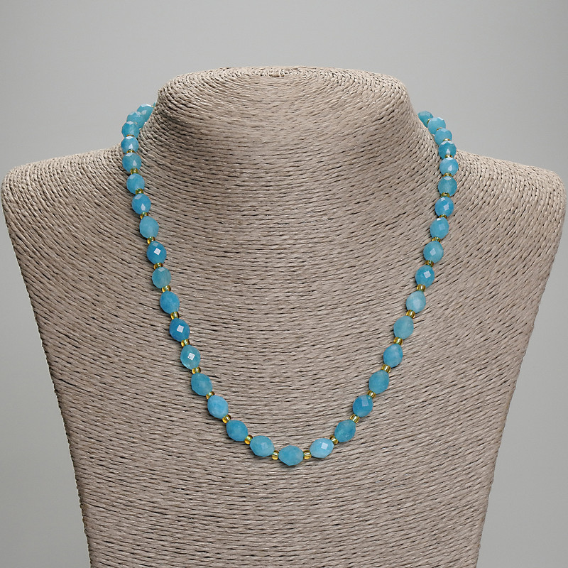 Aquamarine Necklace with Faceted Beads, 8×6 mm diameter, 3 mm seed beads, length 45 mm +/- with clasp