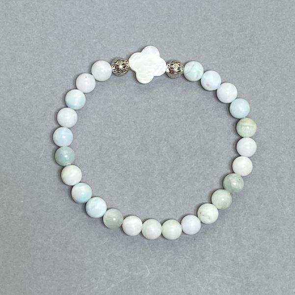 Bracelet with Larimar beads 6mm ± and Mother-of-Pearl Clover 12mm ±, 18 cm stretch