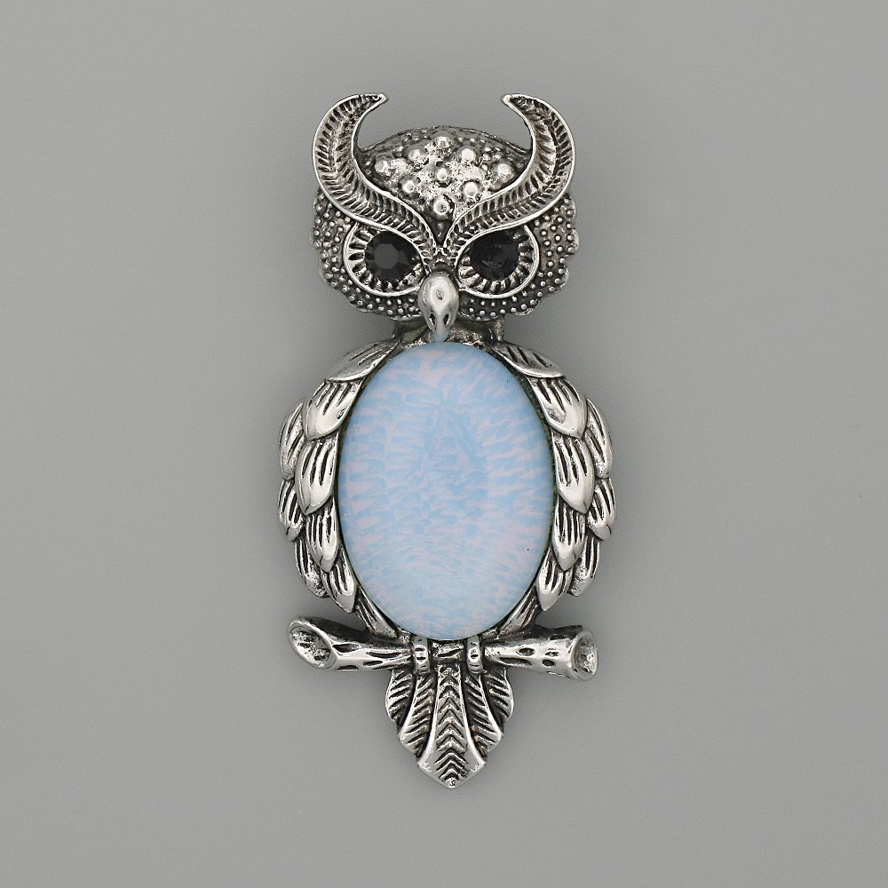Brooch Pendant 'Owl' Moonstone, 60 x 29 mm +/- Black Crystals, Silver-Toned Metal