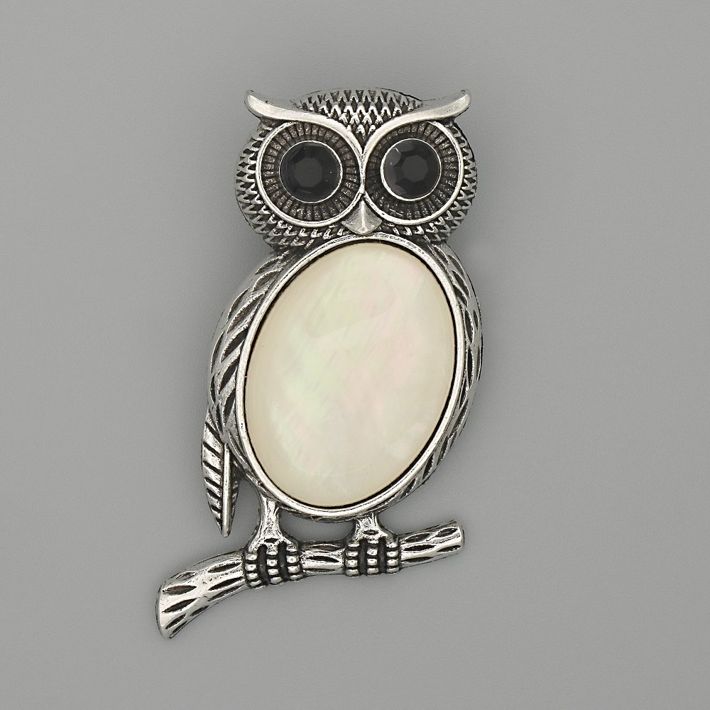 Owl Brooch Pendant with Mother-of-Pearl, 45x25mm +/- black rhinestones, silvery metal