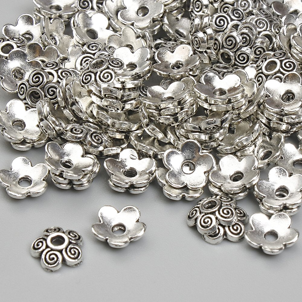 Bead Cap Findings, 6.5 mm Diameter ±, Hole 1.6 mm ±, Silver-Colored Metal, Pack of 20 g (approx. 123 pcs)