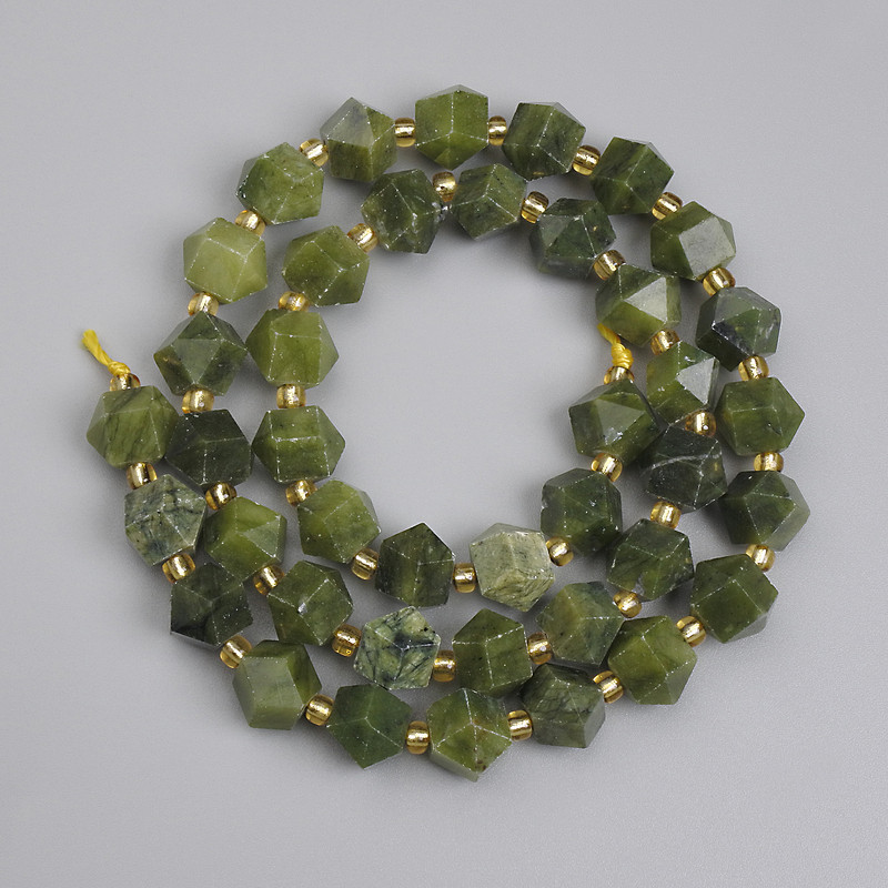 Jadeite Beads, Faceted 8x7-7 mm; 5 mm; Seed Beads 3 mm; Length about 39 cm on Thread