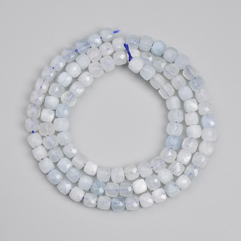 Aquamarine Beads Faceted Cubes 4x4mm, length 39 cm +/- on thread