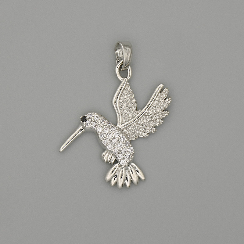 Colibri pendant - silver-tone metal with white crystals, diameter 29x21 mm