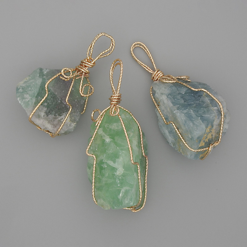 Pendant Fluorite Raw Stone in Golden Wire-Wrapped Setting 55x26 mm +/- Assorted Size